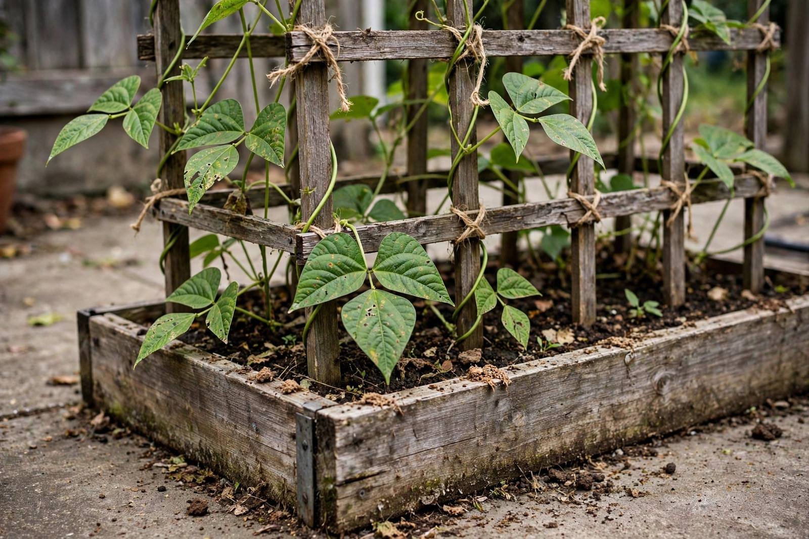 A planter with a wooden trellis and climbing bean vines on a patio