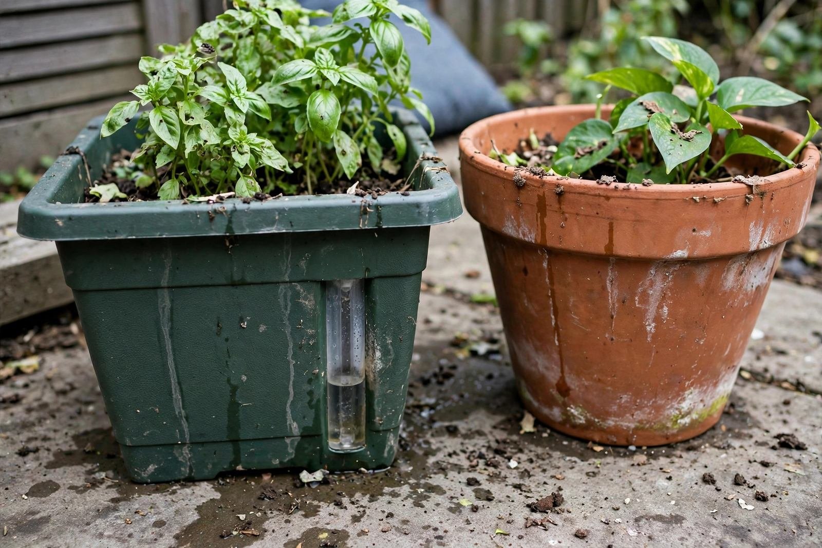 A self-watering planter beside a regular terracotta pot, both with green plants
