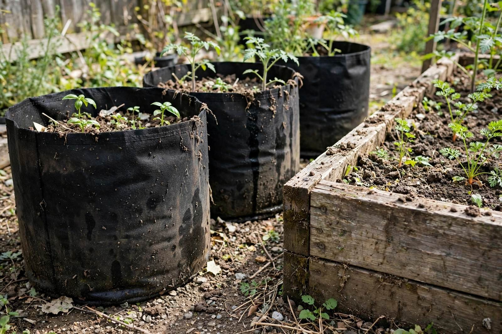 Fabric grow bags beside a wooden raised bed in a sunny garden