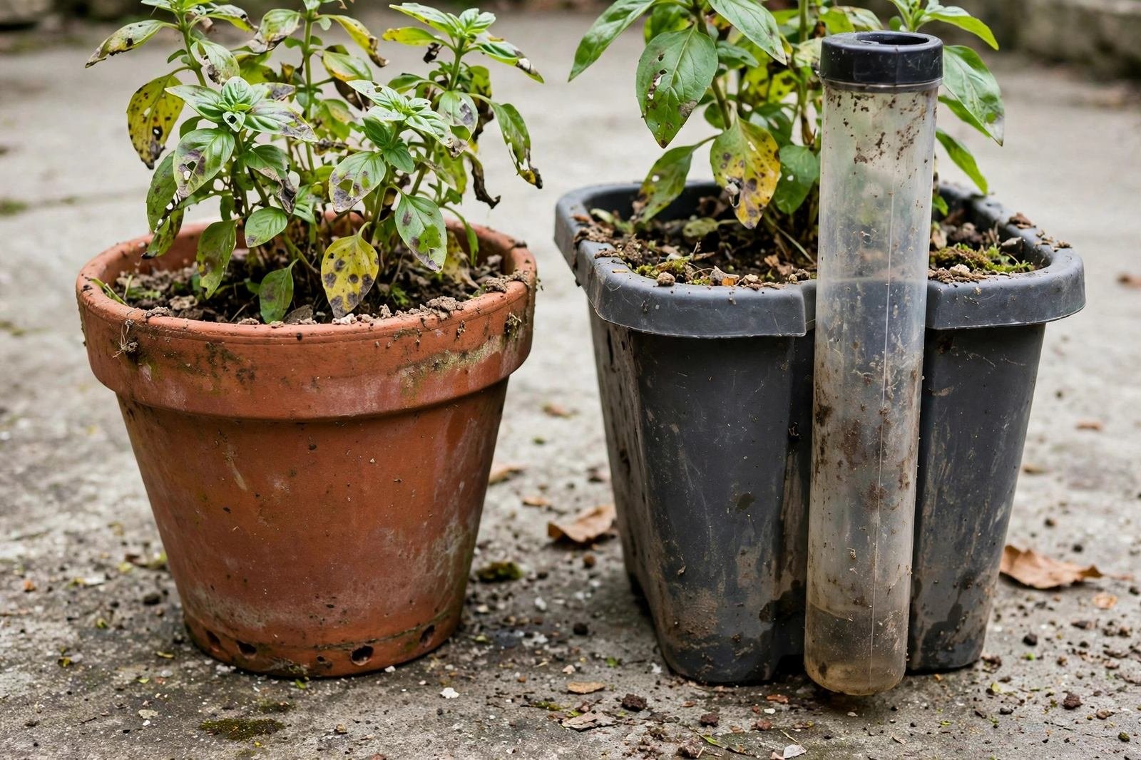 A terracotta pot with drainage holes beside a self-watering planter on a patio