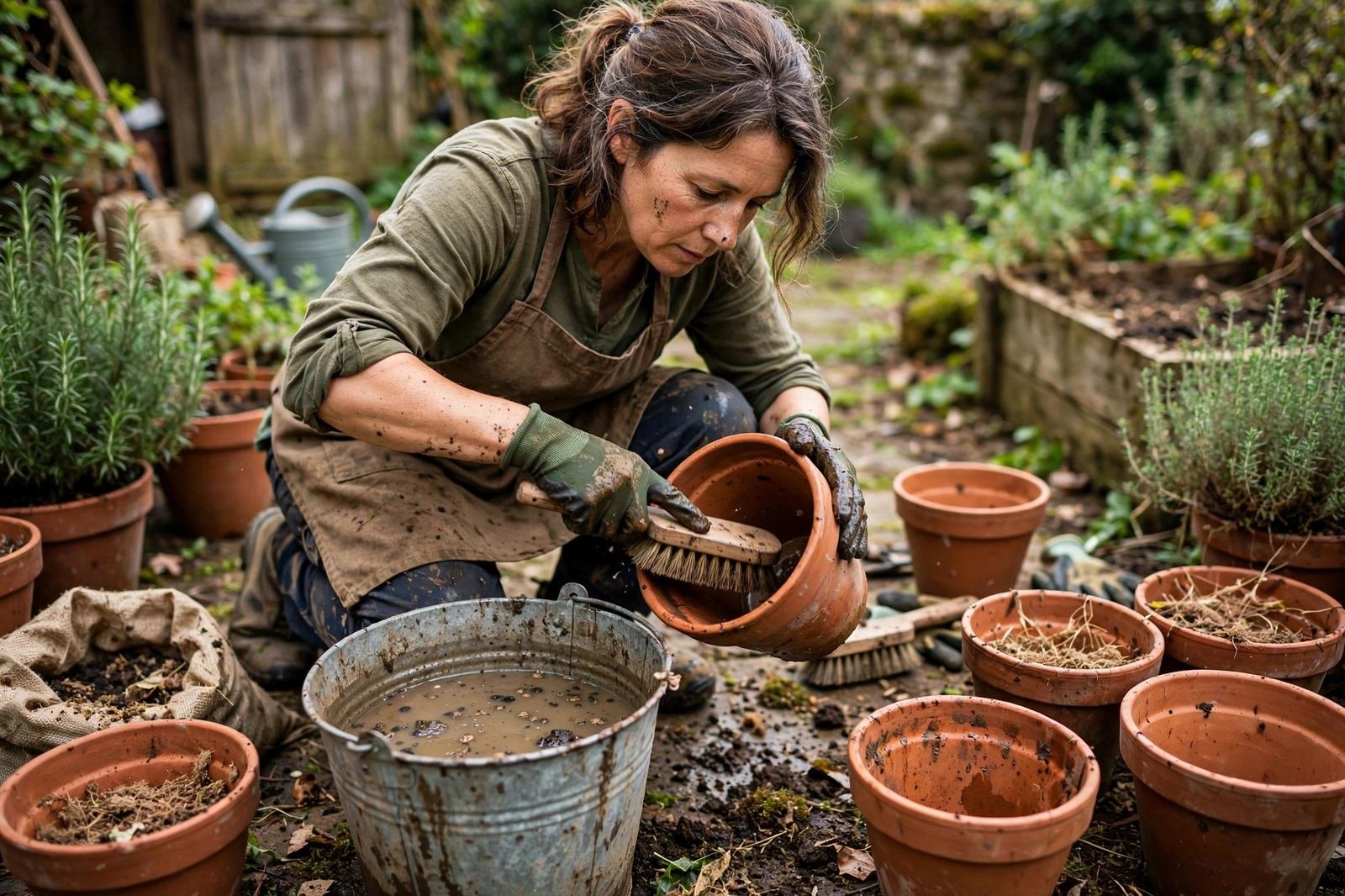 A gardener scrubbing empty terracotta plant pots outdoors with a brush and bucket in daylight