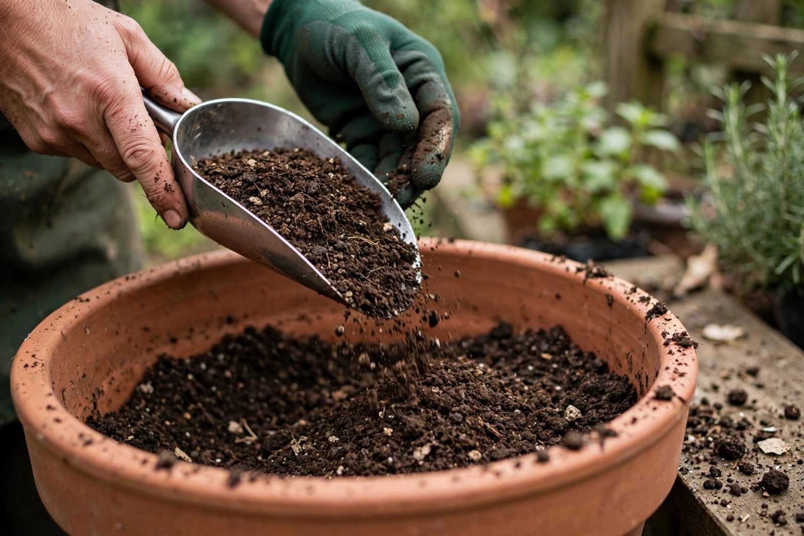 Hands scooping potting mix into a large terracotta pot outdoors