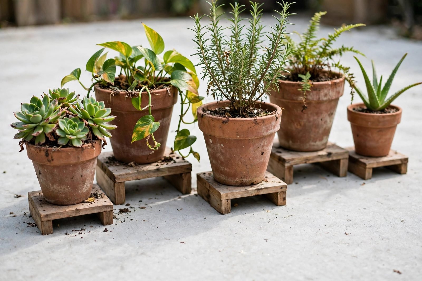 Potted plants on small risers above a clean concrete patio, with weathered terracotta pots in daylight