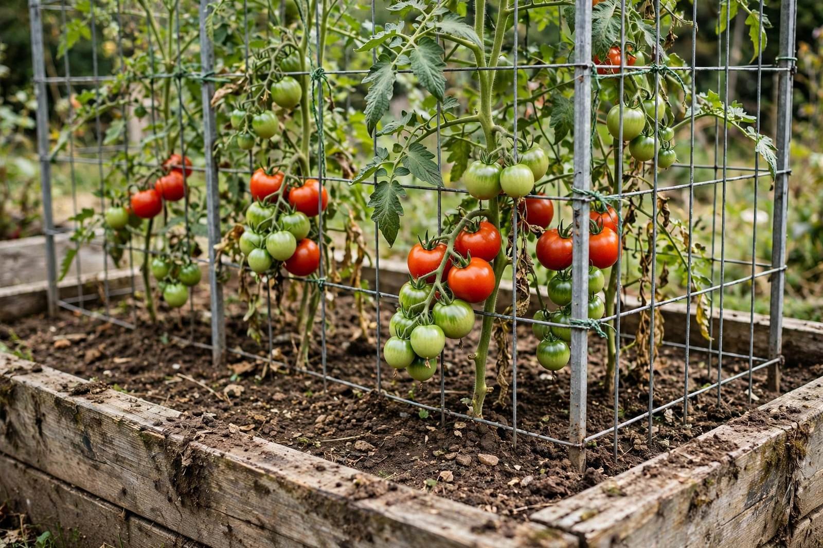 Tomato plants growing up a tall trellis in a raised bed, with ripe and green tomatoes on the vines