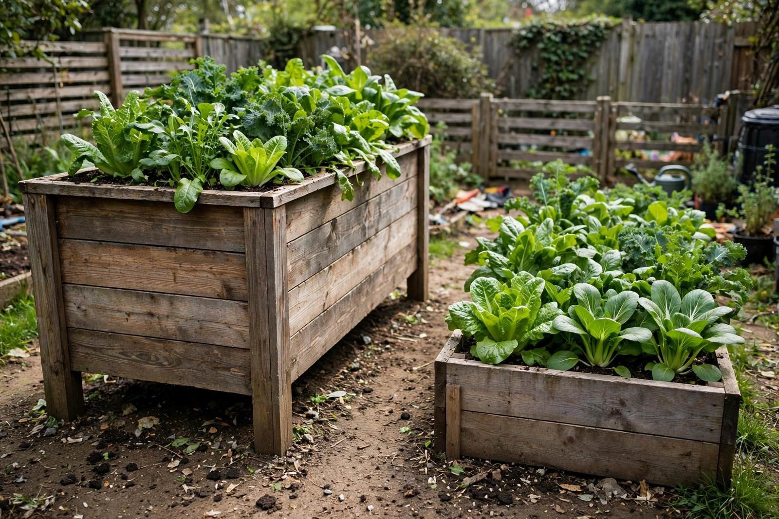 A tall waist-height raised bed beside a standard low raised bed in a backyard garden, both planted with greens