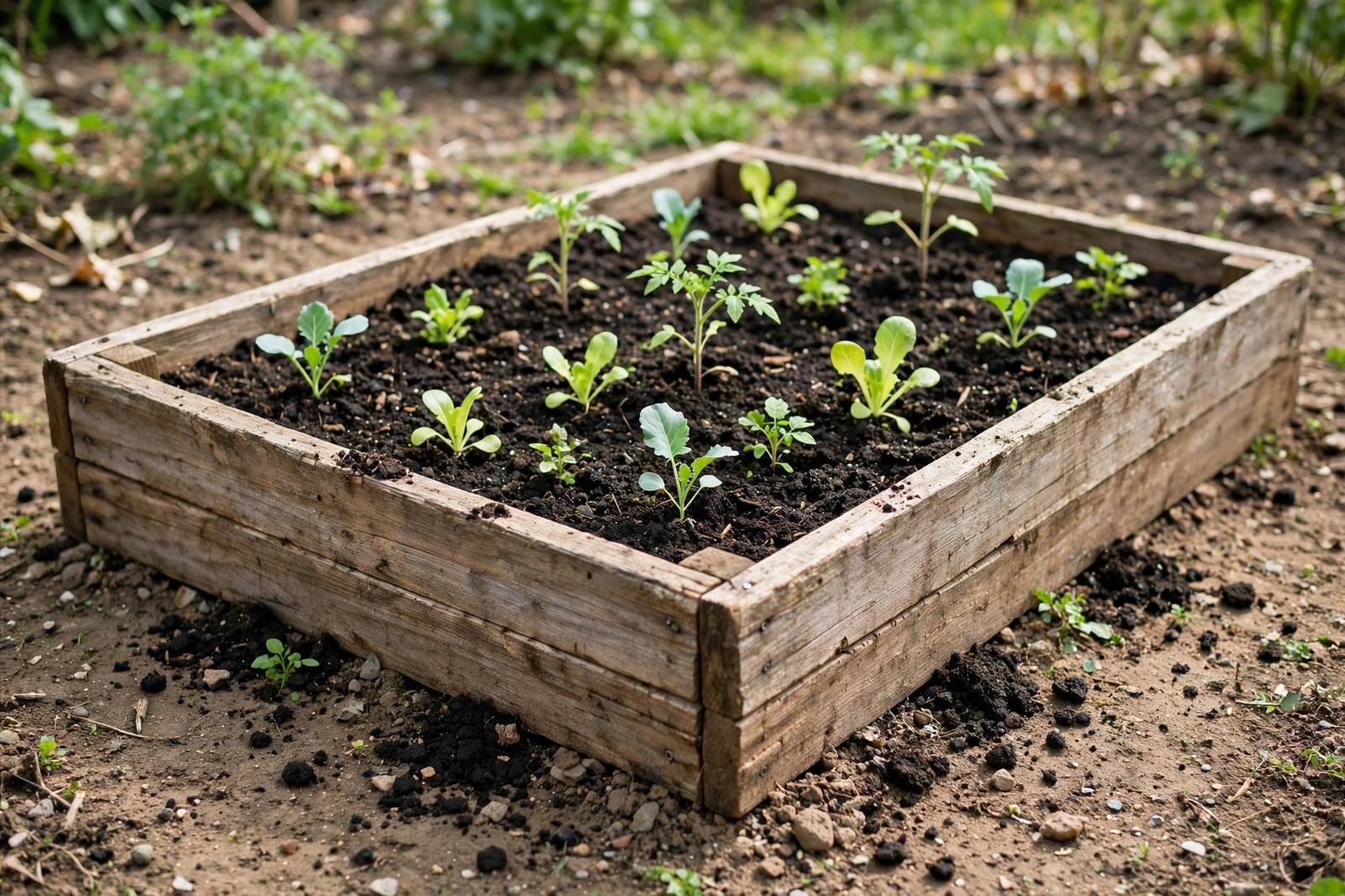 An open-bottom wooden raised bed on bare soil with dark mix and young vegetable plants inside