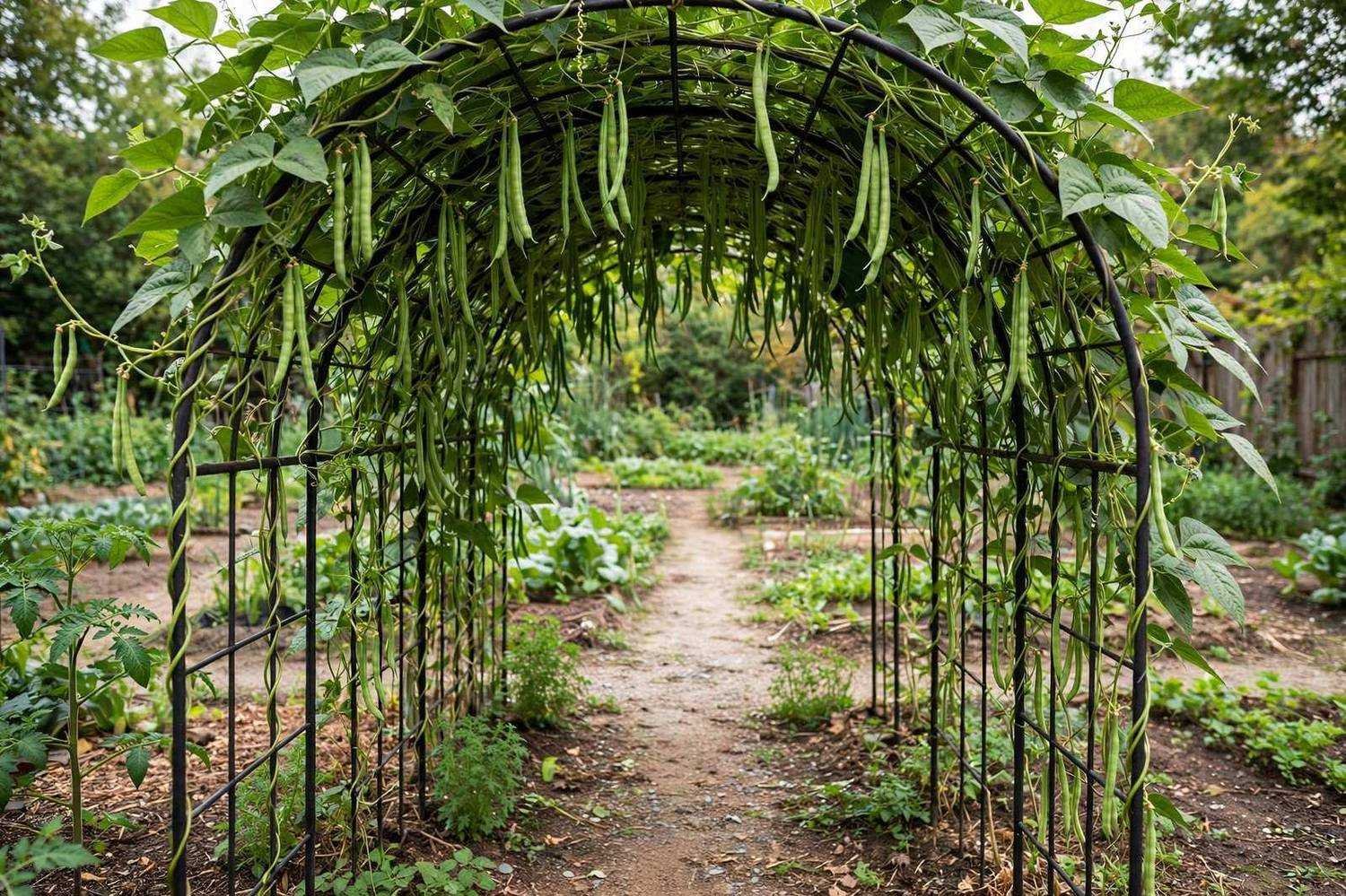 A metal garden arch over a path with bean vines climbing both sides and beans hanging overhead