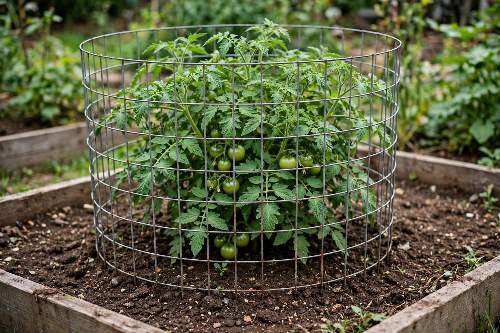 A round wire tomato cage around a bushy tomato plant in a raised bed with green tomatoes
