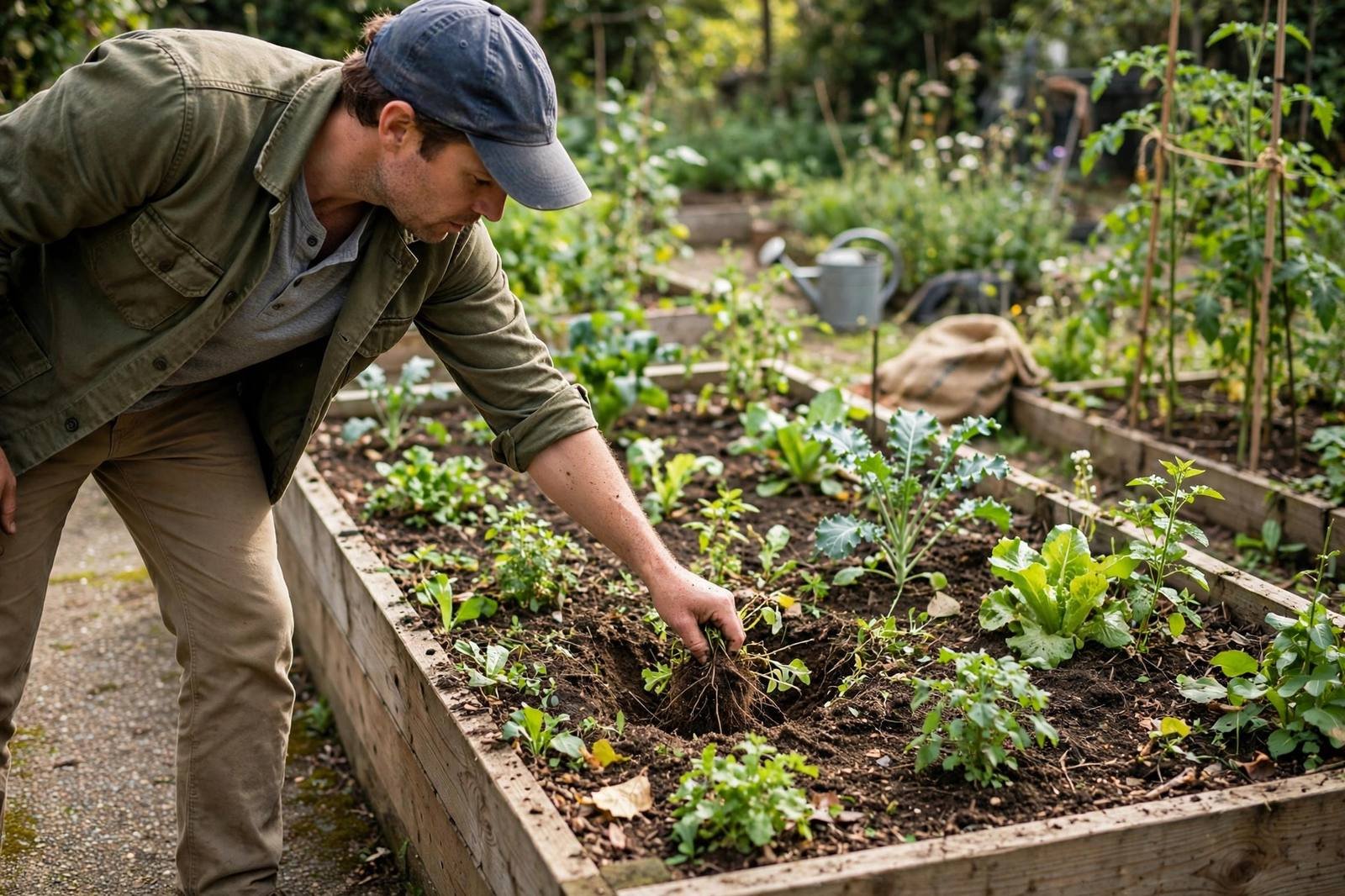 A gardener reaching across a 4-foot raised bed from a path, weeding the middle without stepping on soil
