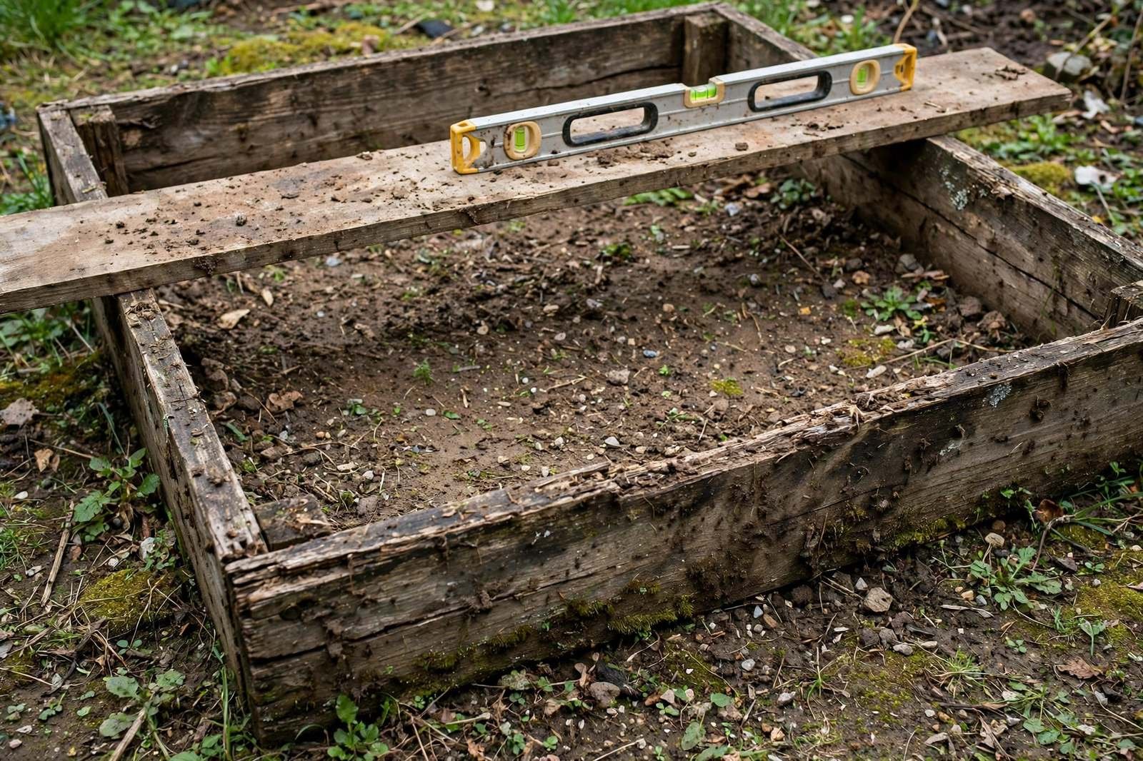 A spirit level on a long board across an empty raised bed frame on uneven garden ground
