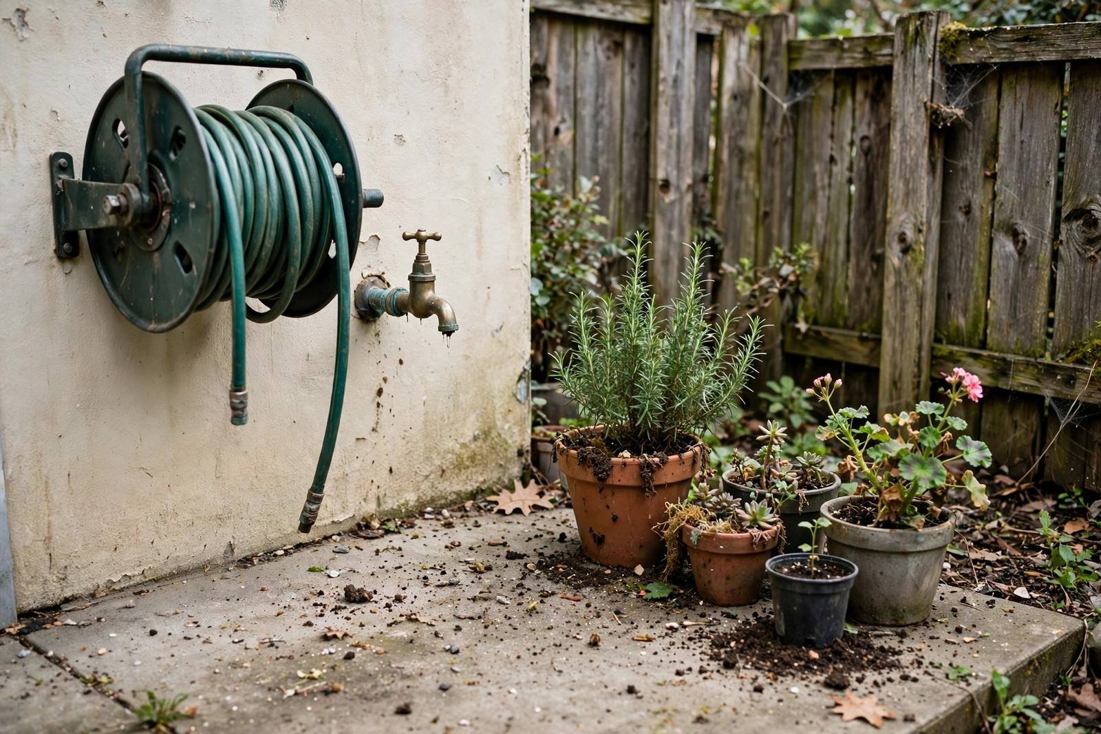 A wall-mounted hose reel holding a coiled green hose beside a brass house tap, with potted plants and a weathered wooden fence nearby