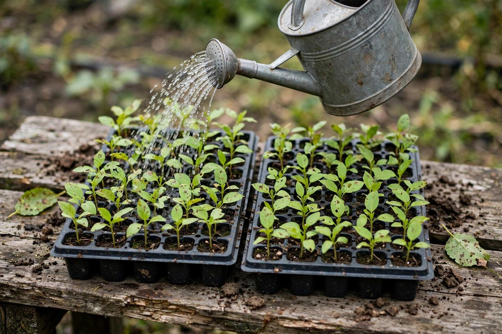 A weathered metal watering can pouring a fine shower over two black seedling trays on a wooden bench