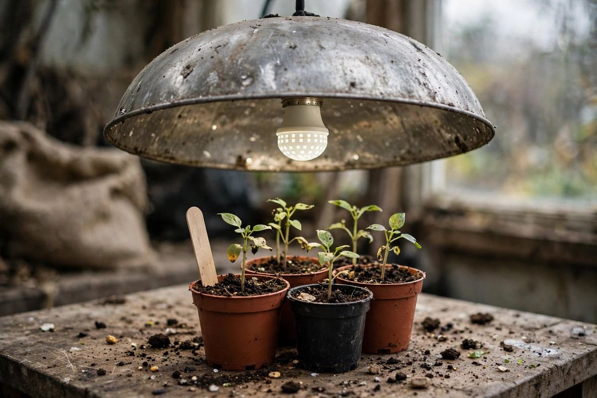 A high-output screw-in grow bulb in a large metal shade above a small cluster of seedling pots, with a hand-written plant label in one pot