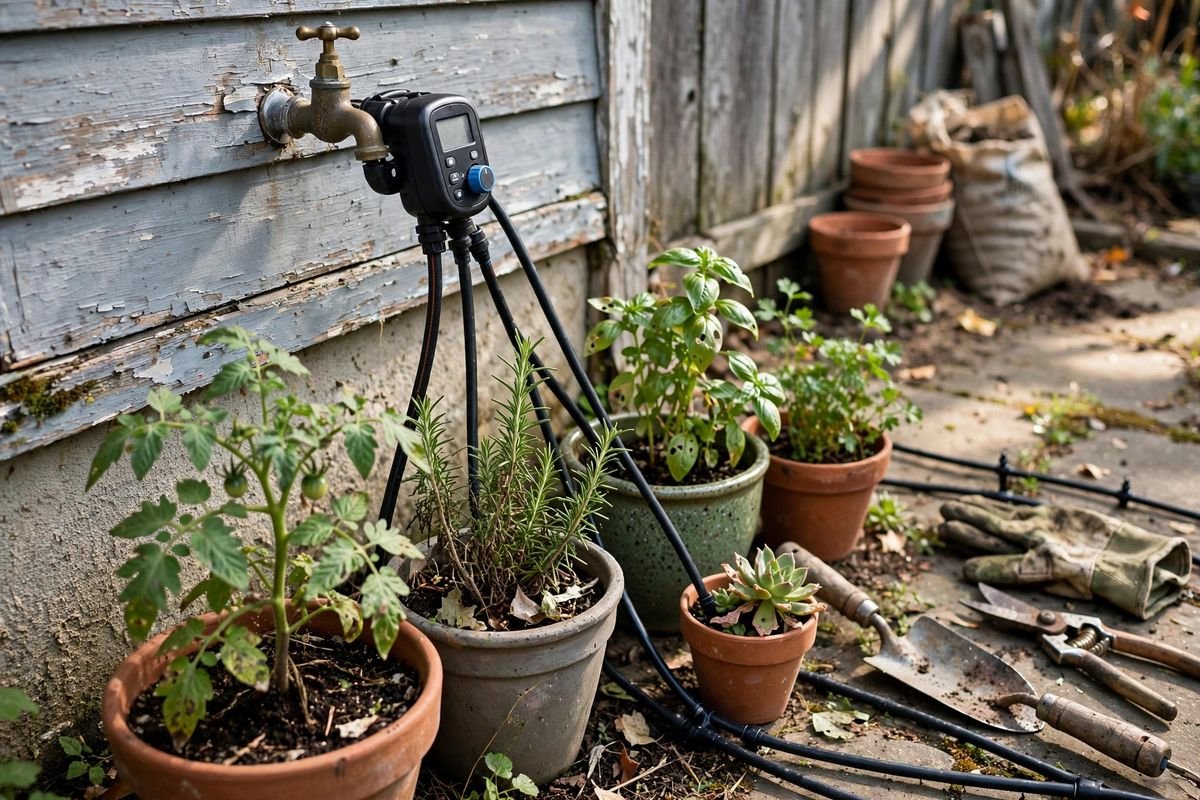 A hose timer on an outdoor faucet feeding drip lines into pots on a patio