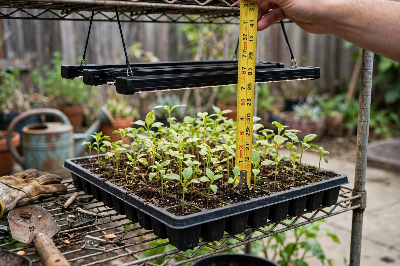 LED grow light bar hanging low over young green seedlings in a tray with a tape measure showing the distance to the canopy