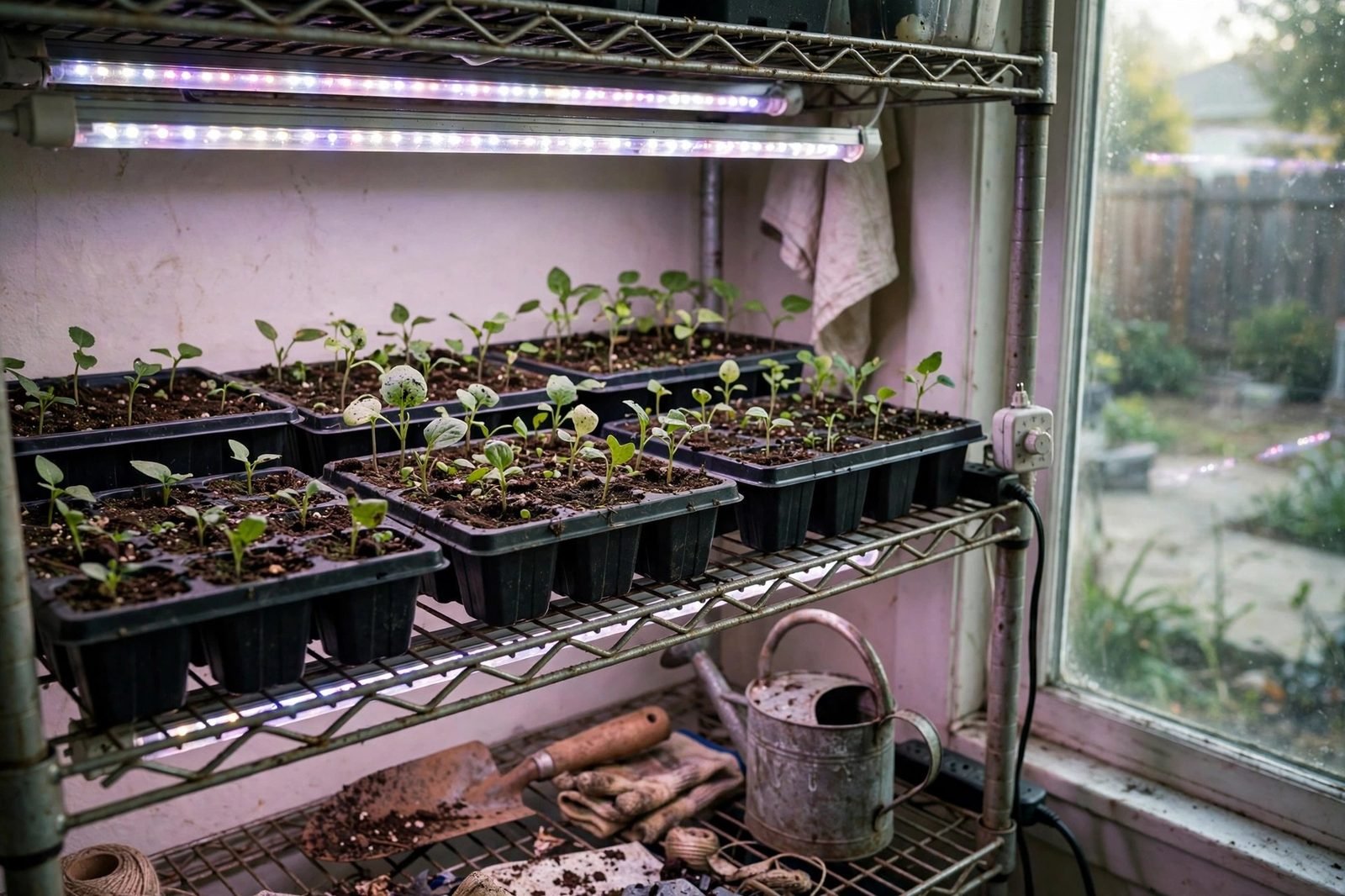 Seed-starting shelf in early morning with LED grow lights on above seedling trays and a plug-in timer visible on the shelf edge