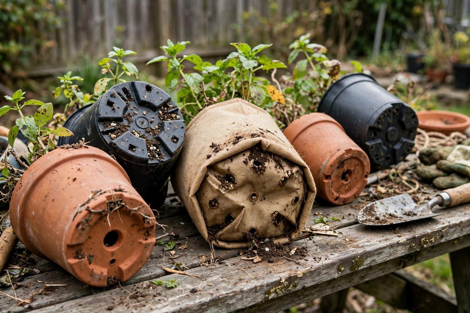 Assortment of terracotta, plastic, and fabric pots with drainage holes visible on a potting bench