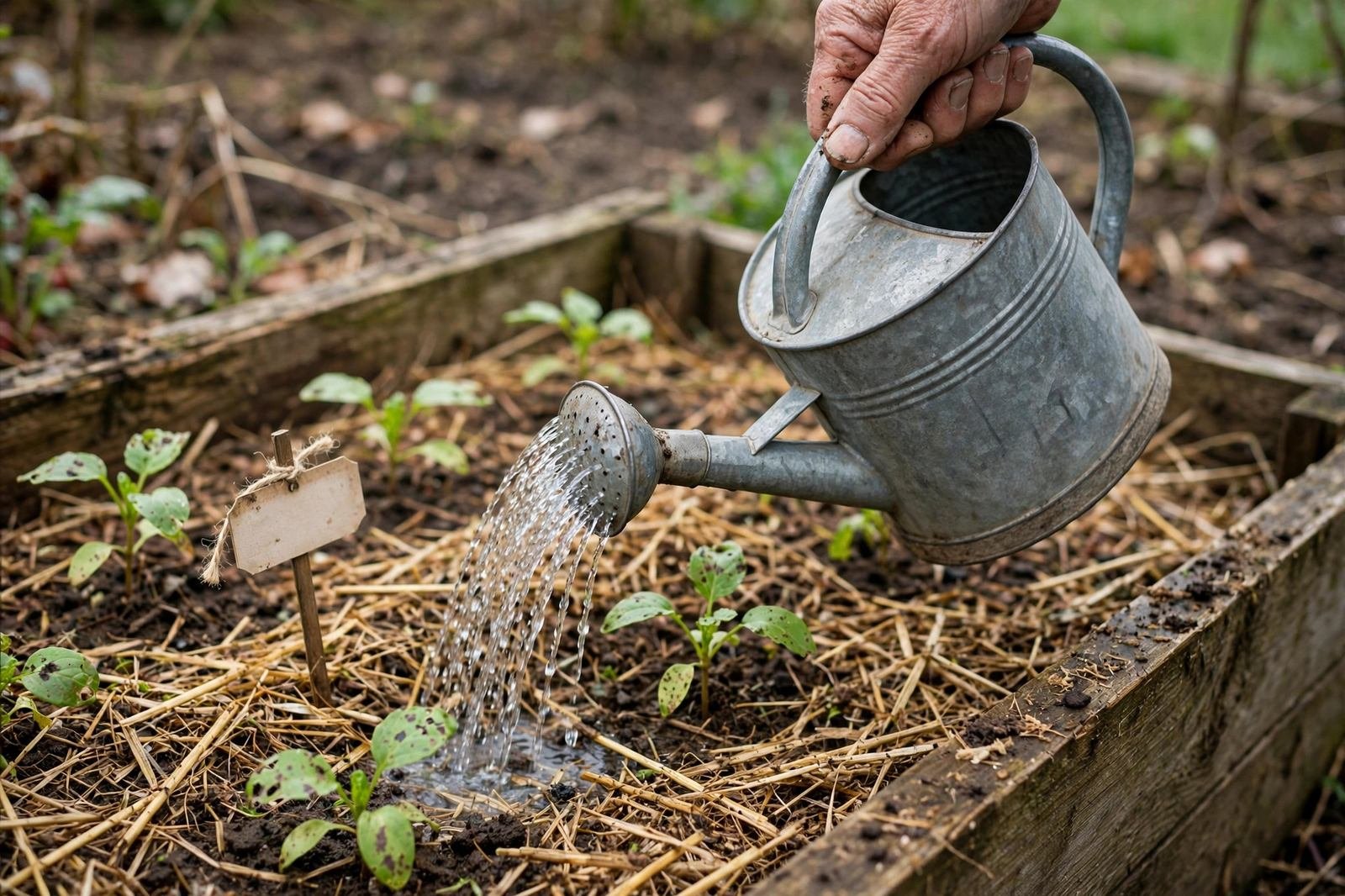 Weathered hand holding a galvanized watering can over a straw-mulched raised bed with young vegetable seedlings in morning light
