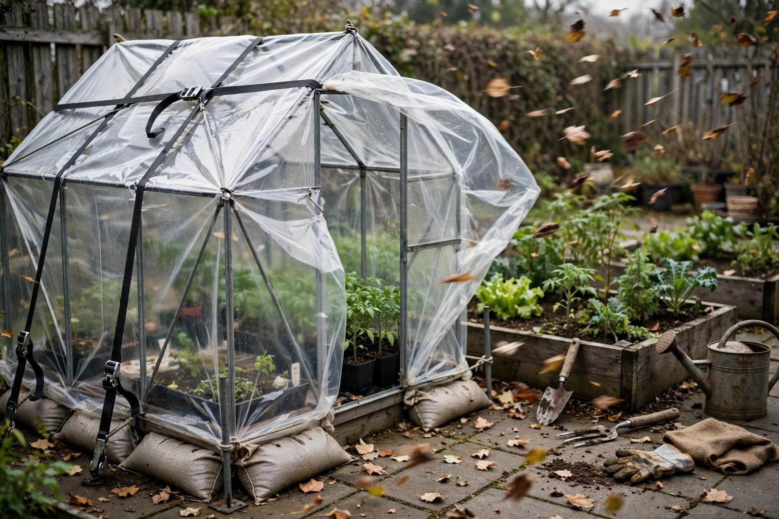 Small patio greenhouse held down with sandbags and ground stakes on a windy day with leaves blowing across the patio