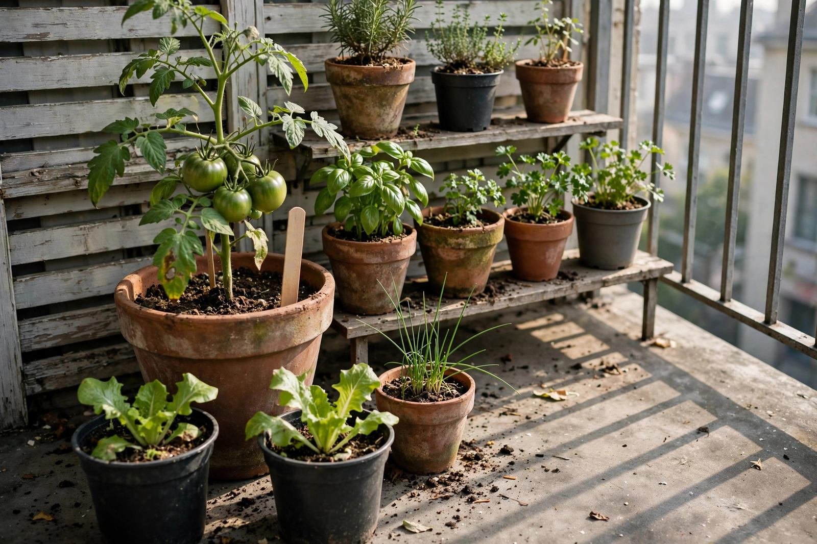 Pots arranged in tiers on a small balcony with herbs, lettuce, and a tomato plant in morning light