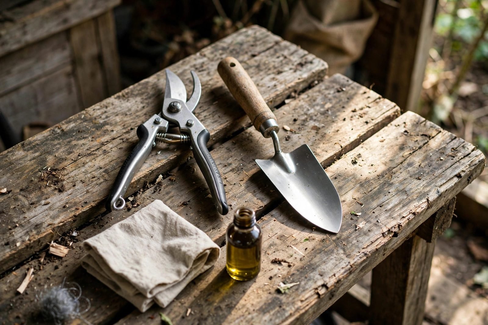 Clean garden tools with pruners and a hand trowel arranged on a work bench ready for oiling