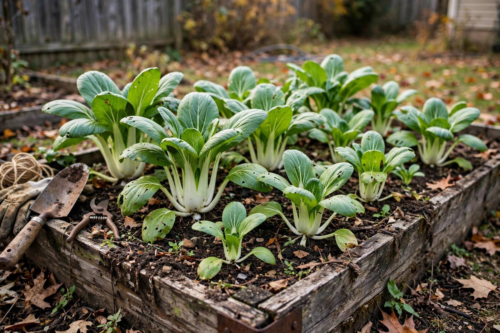 Wide view of bok choy plants with white stalks growing in a raised fall garden bed