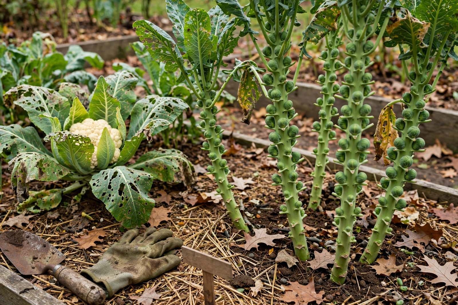 Tall Brussels sprouts stalks with small green sprouts along the stems in a mulched fall bed