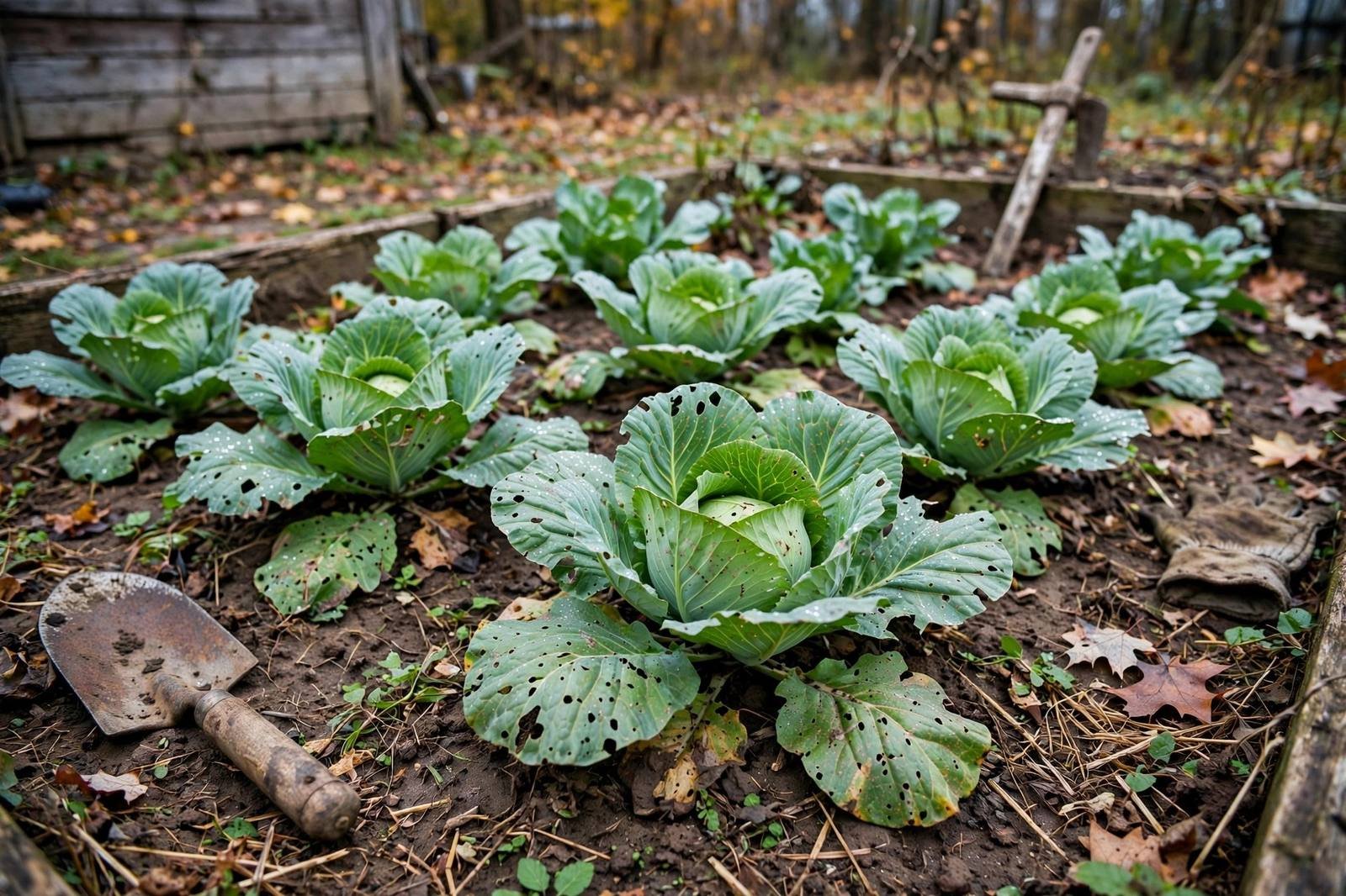 Rows of green cabbage heads forming in a fall garden bed in natural daylight