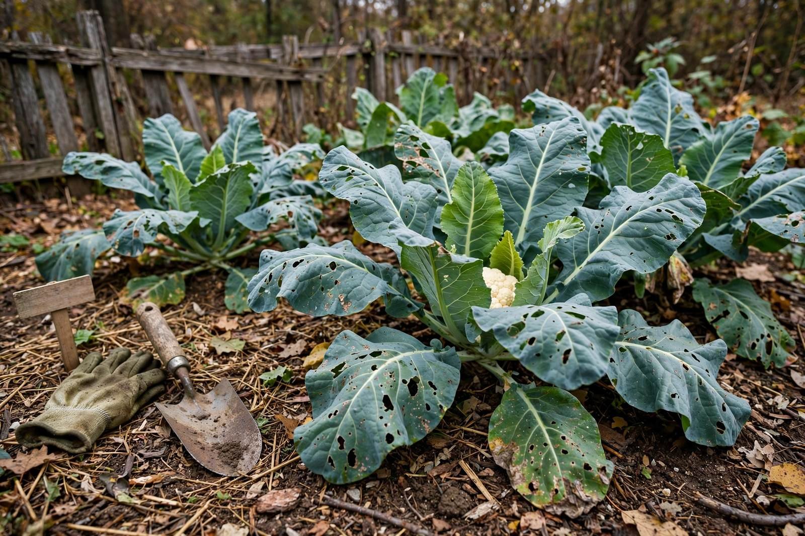 Fall garden bed of mature cauliflower plants with a white curd showing among large blue-green leaves