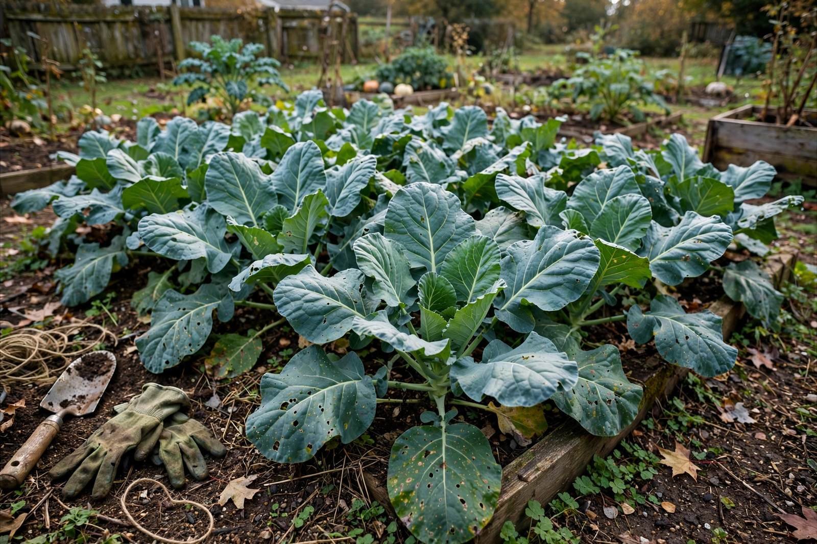 Wide bed of large blue-green collard greens in a fall home garden with mulch and a handwritten label