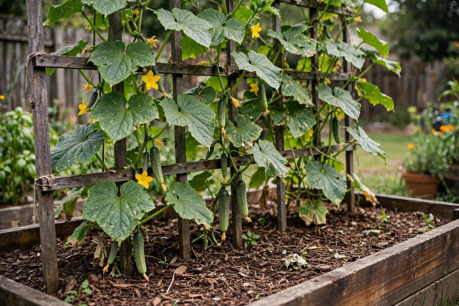Cucumber vines climbing a garden trellis with large leaves and small cucumbers in a raised bed