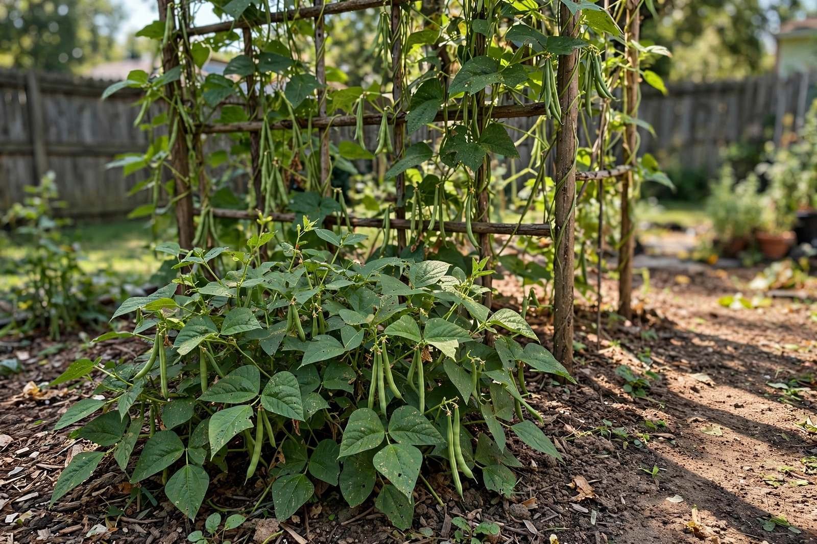Green bean vines with hanging pods growing on a wooden trellis in a sunny garden bed