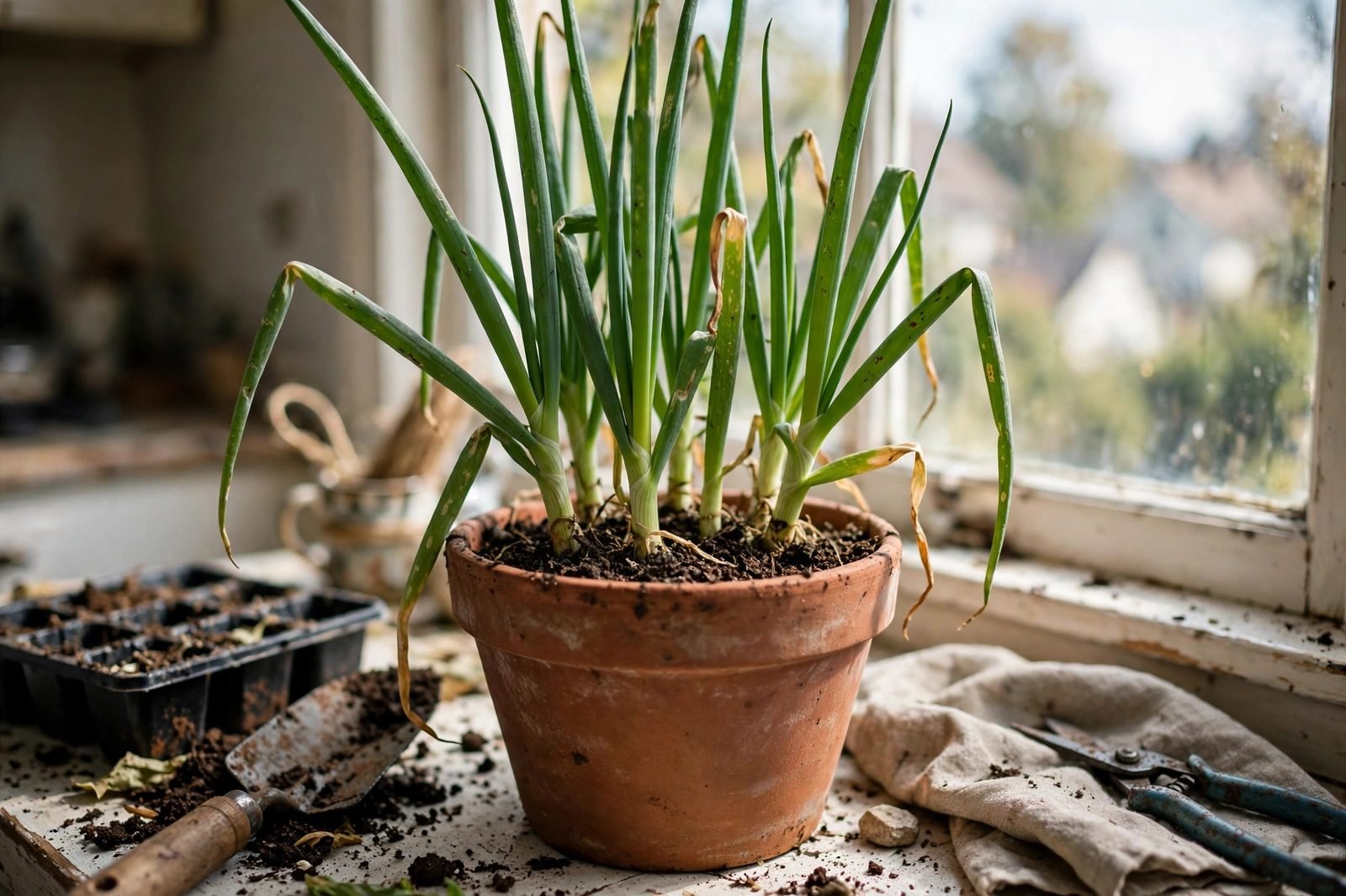Terracotta pot of tall green onions with upright green tops growing on a bright kitchen windowsill