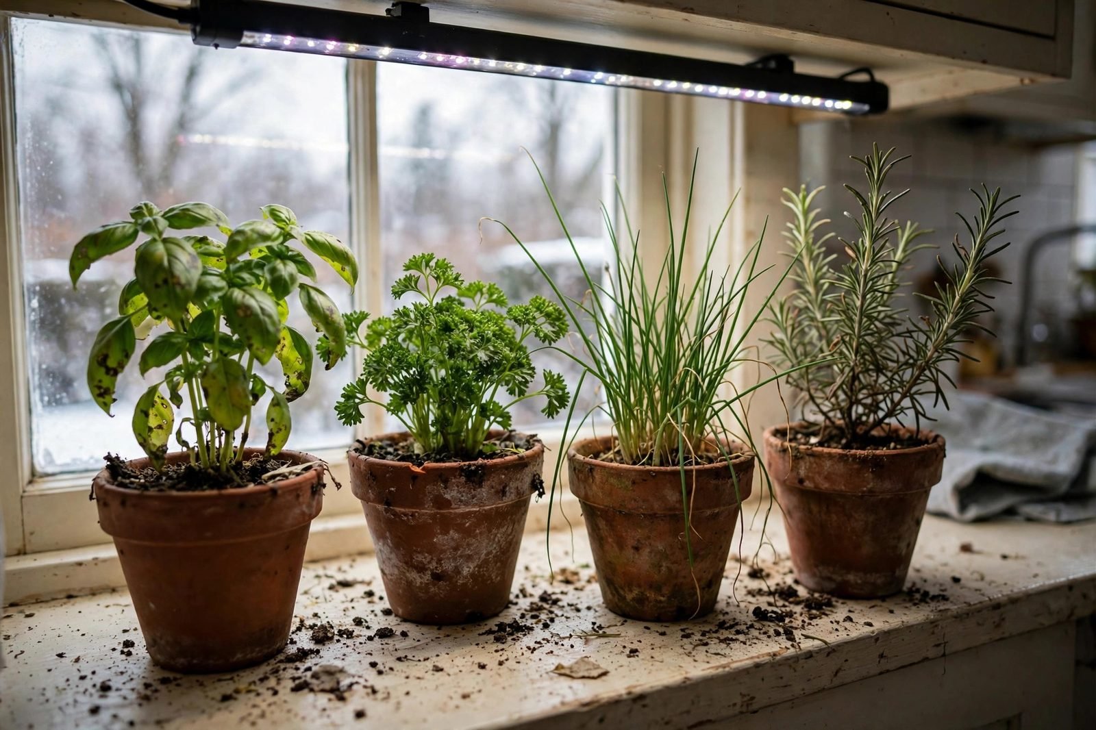Indoor herb garden with basil parsley and chives in terracotta pots on a bright kitchen windowsill in winter