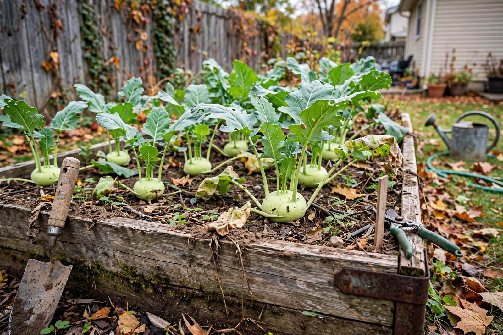Fall kohlrabi plants with swelling pale bulbs growing in a backyard raised bed in natural daylight