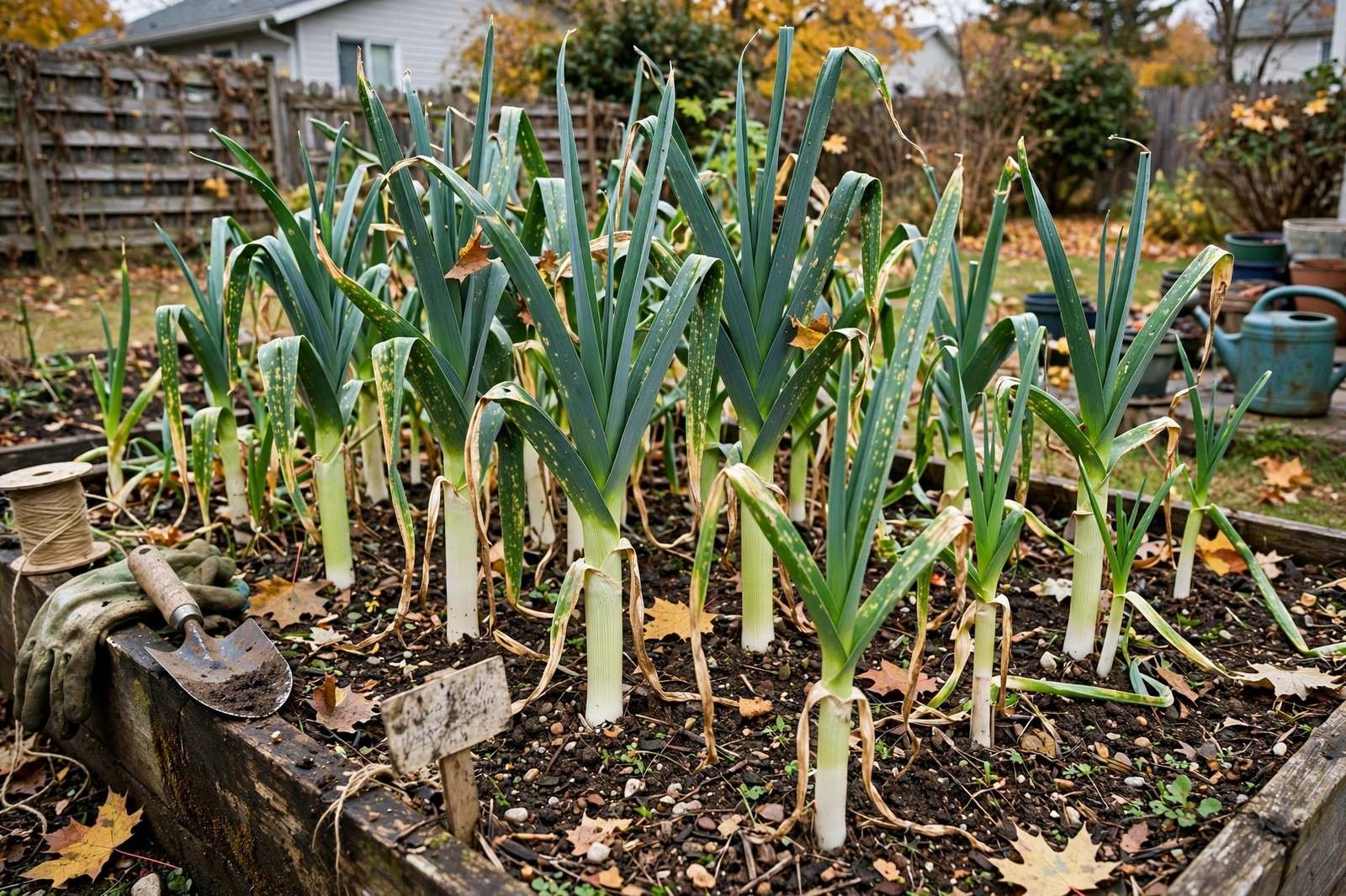 Leeks growing in a fall raised bed with long green tops and thick white shanks