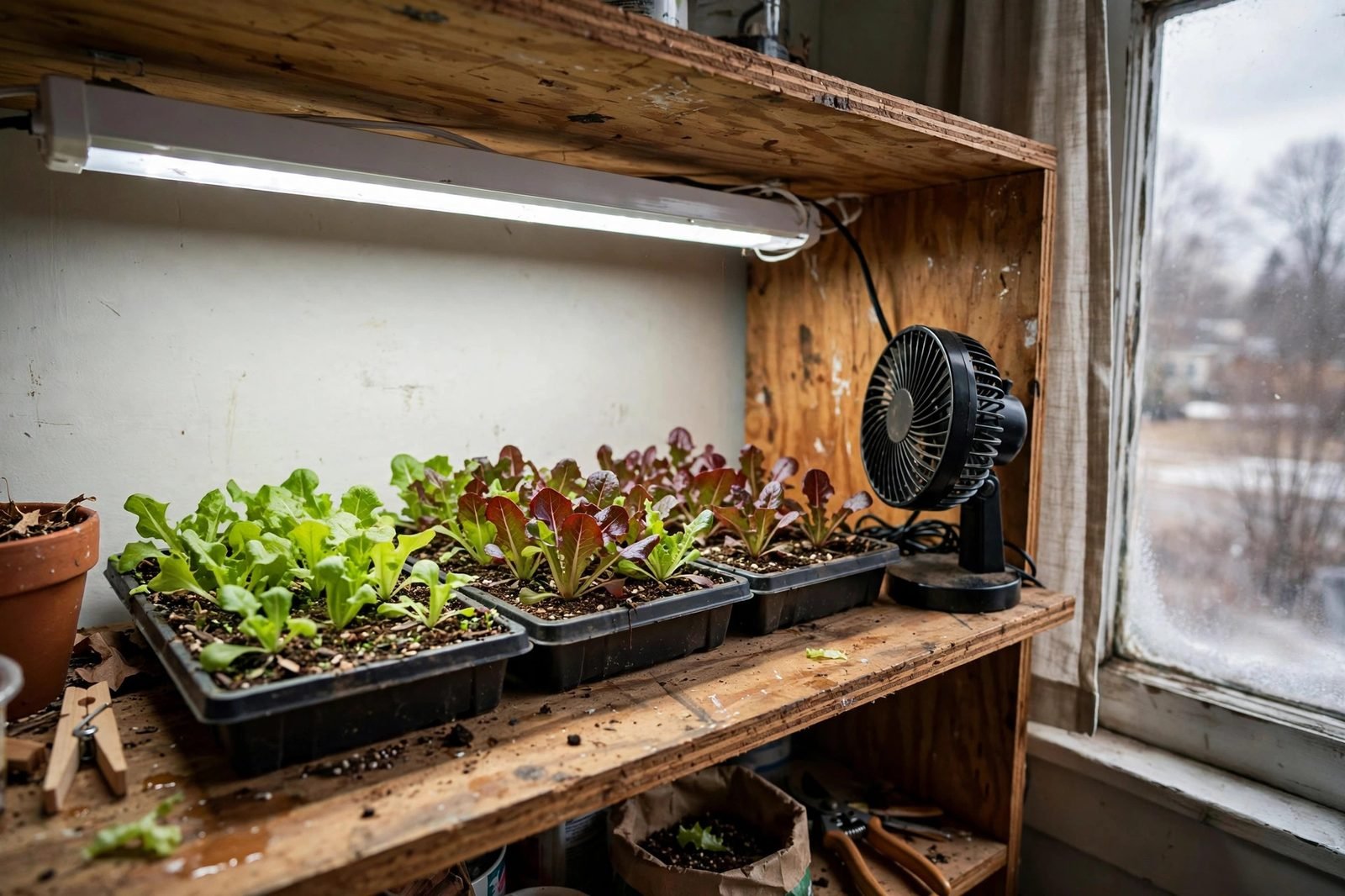 Shallow trays of green and red lettuce growing under an LED light bar on an indoor wooden shelf in winter