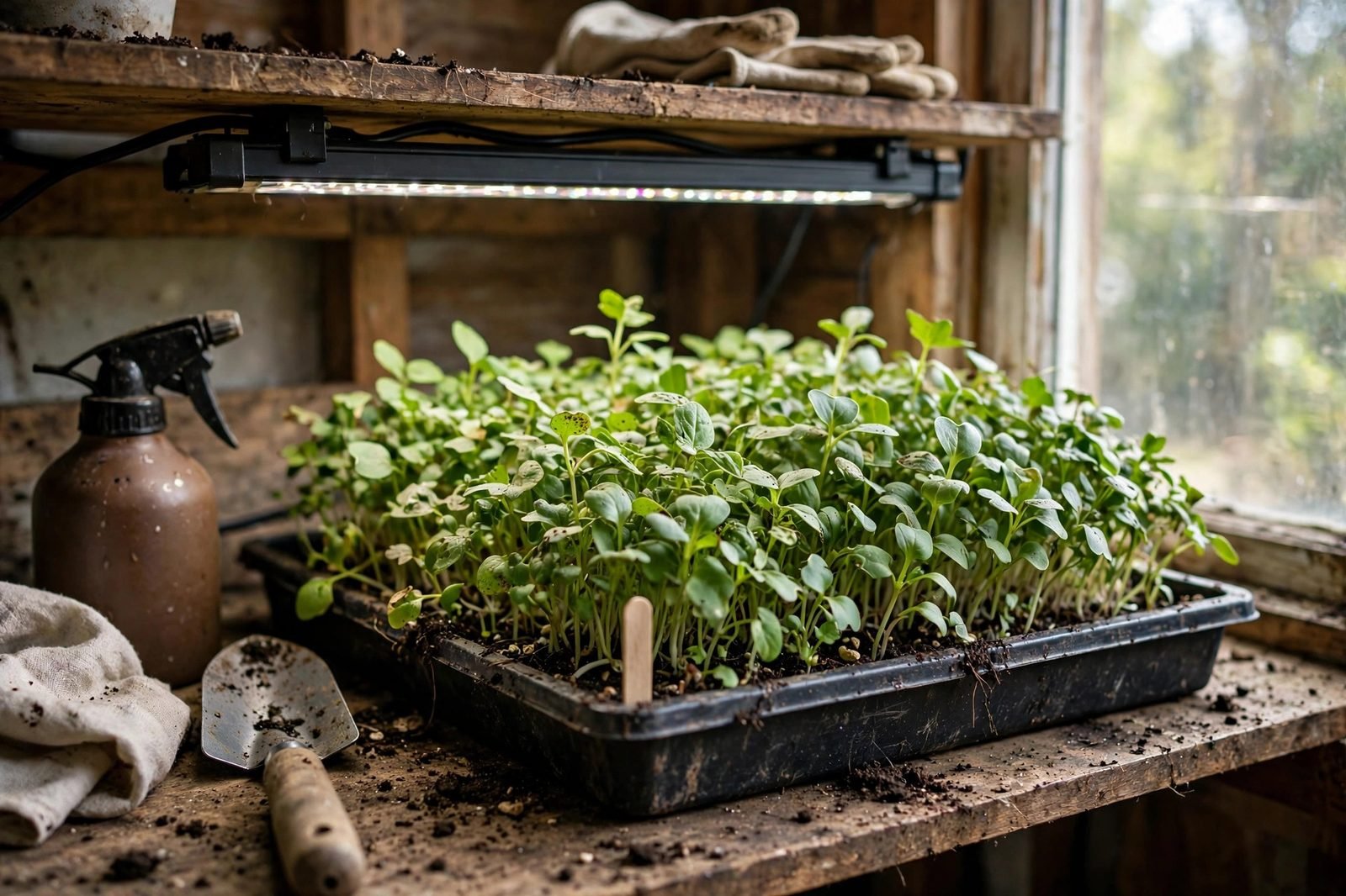 Shallow tray of lush green microgreens growing on an indoor shelf under a simple LED light bar beside a window
