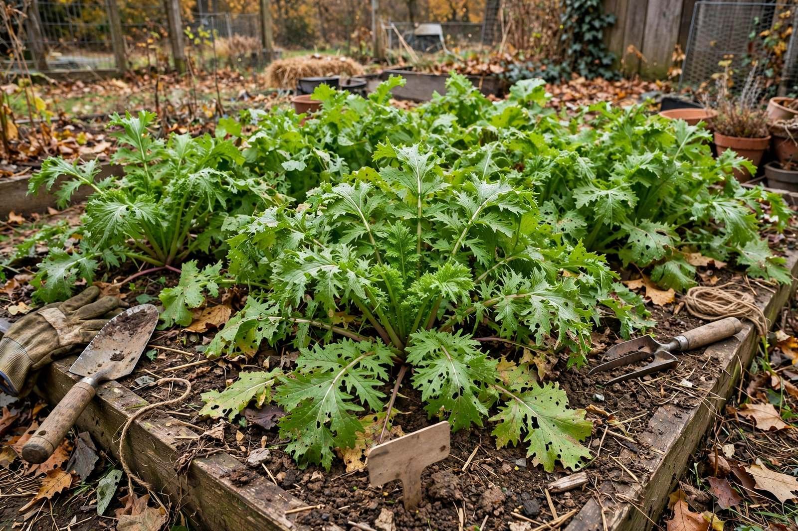 Frilly mustard greens bed in a fall home garden with straw mulch, soil, and a handwritten plant label