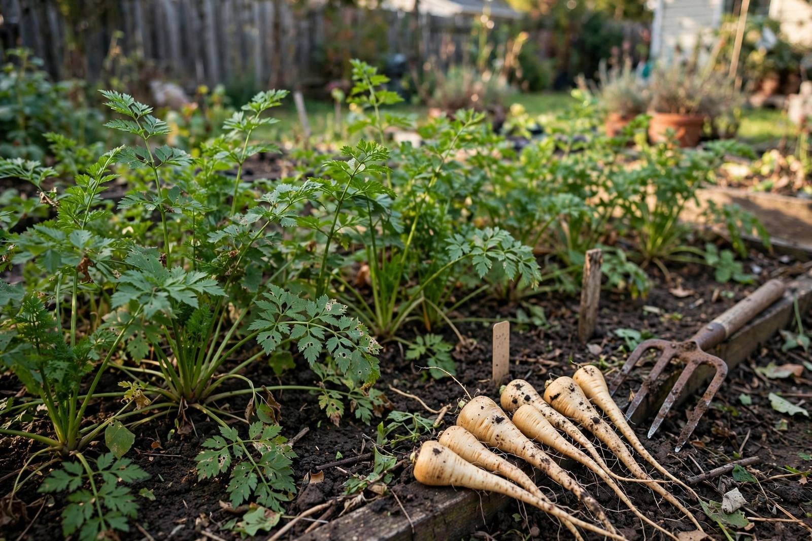 Parsnip bed with feathery green tops in dark soil and freshly lifted pale roots at the bed edge