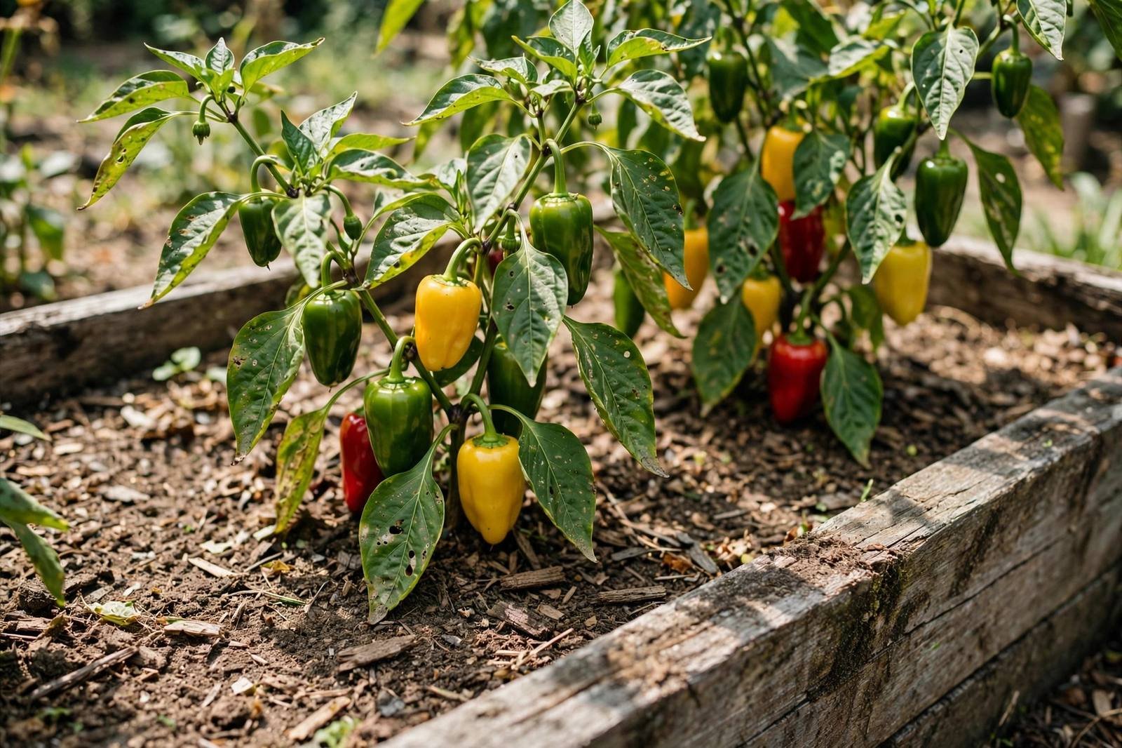 Pepper plants with green and ripening peppers growing in a sunny raised bed with mulched soil