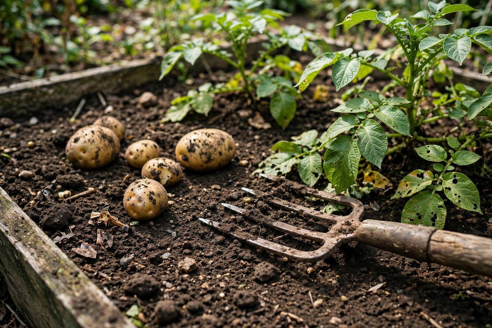 Freshly dug potatoes resting on dark soil beside green potato plants in a home garden bed