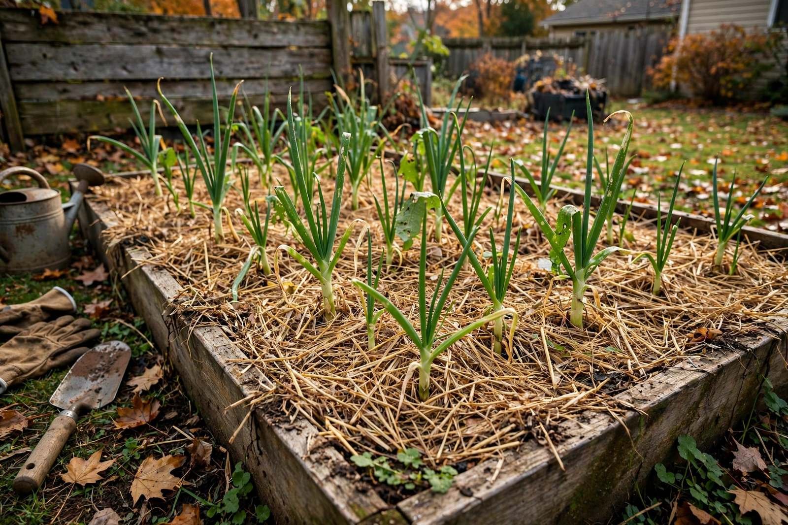 Fall shallot bed with green tips emerging through straw mulch in a raised bed