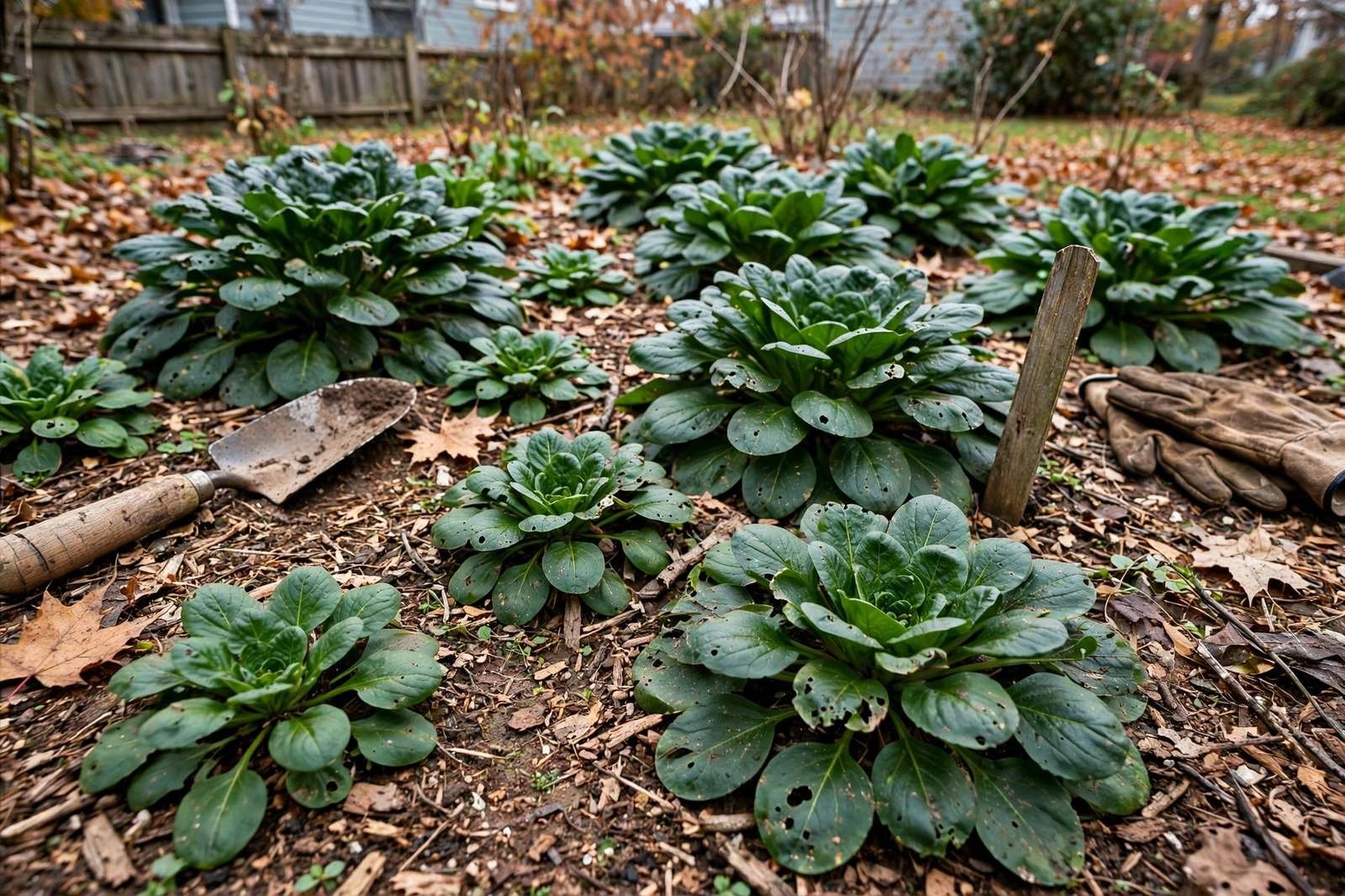 Wide view of dark green tatsoi rosettes growing in a mulched fall garden bed