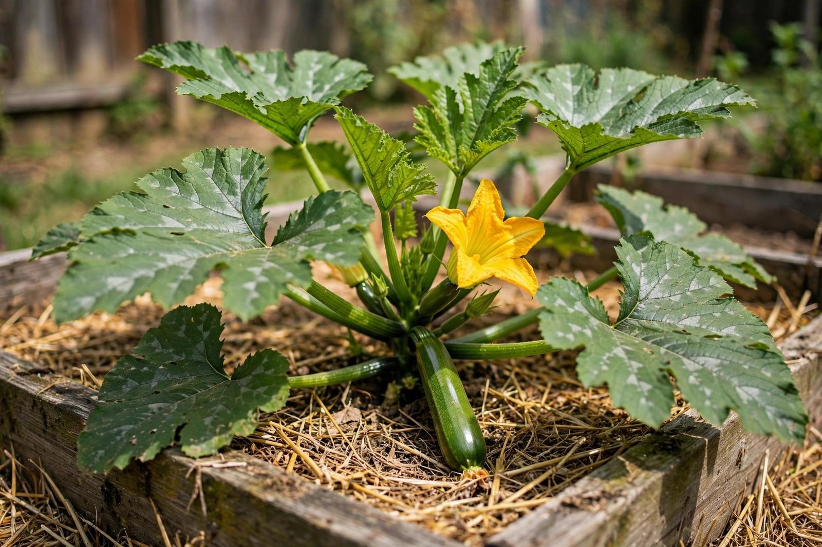 Zucchini plant with large leaves yellow blossom and young fruit growing in a mulched raised bed