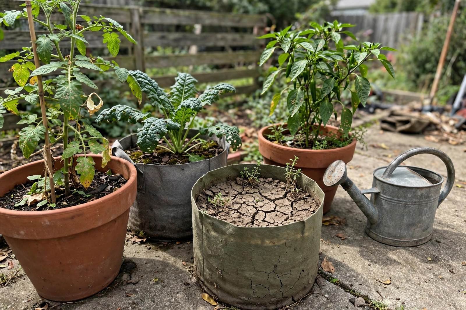 Patio containers with vegetable plants, one terracotta pot showing dry cracked soil, watering can nearby
