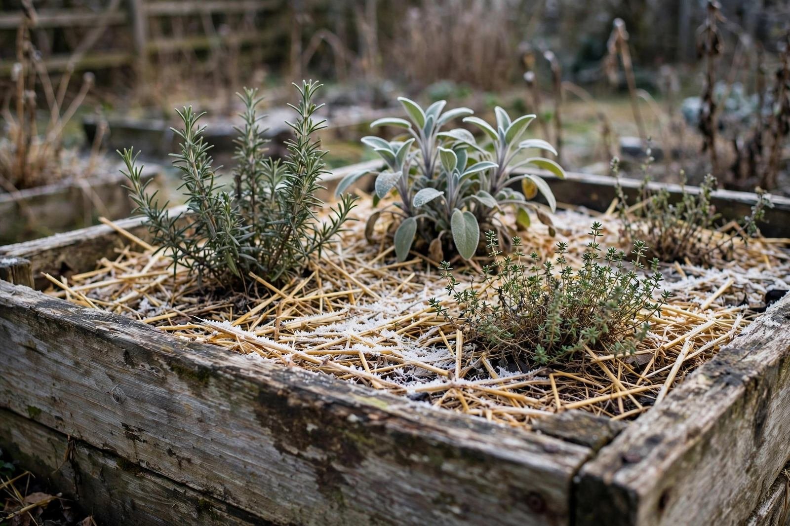 Rosemary sage and thyme plants mulched with straw in a raised bed on a frosty winter morning