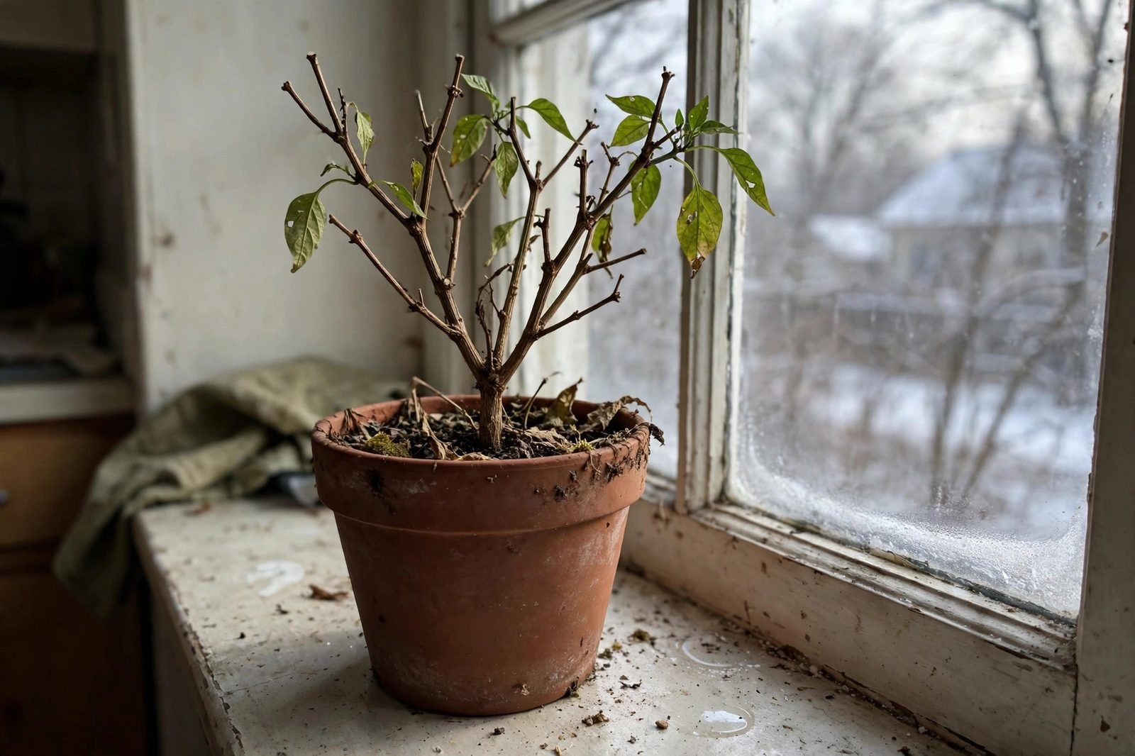 Pruned pepper plant with woody stems in a pot beside a bright cool window indoors in winter