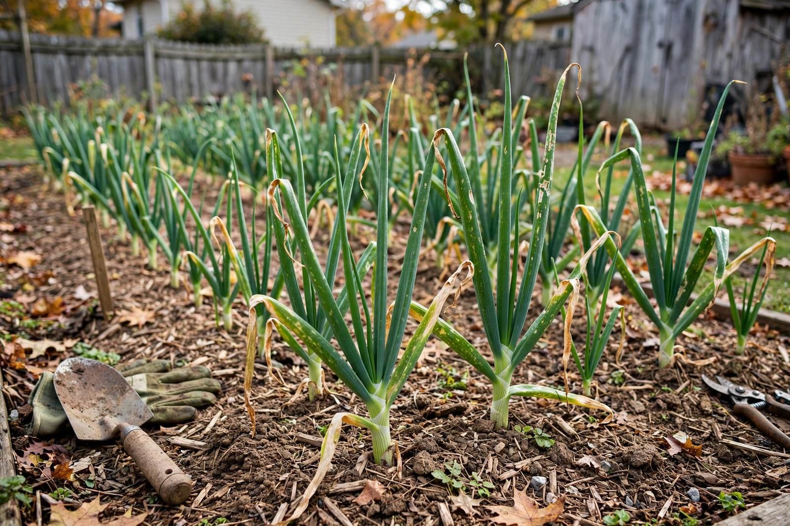 Fall onion rows with green tops growing in a mulched backyard bed in natural daylight