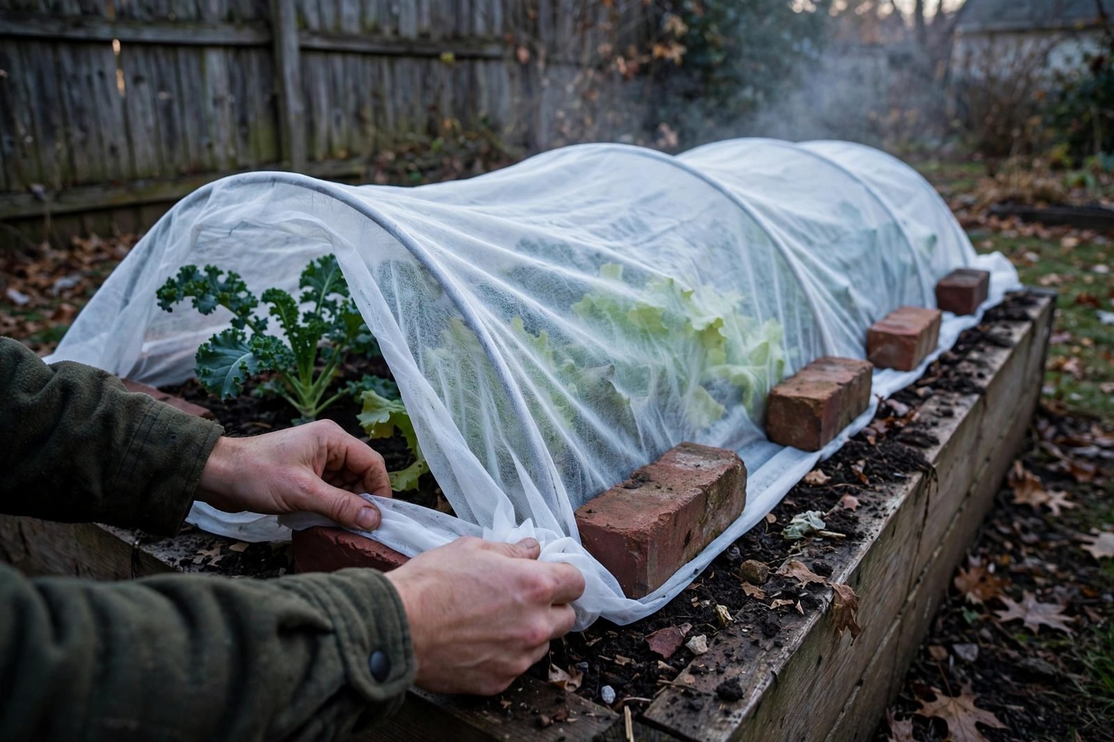 Raised bed covered with white frost fabric on low hoops at dusk with bricks anchoring the edges and fall greens at the bed end